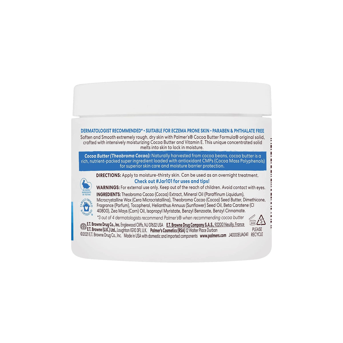 Bagsiden af Palmers Cocoa Butter Formula Cream krukken (100g) med information om ingredienser, brugsanvisning, fordele for eksem-præget hud og kakaosmør.