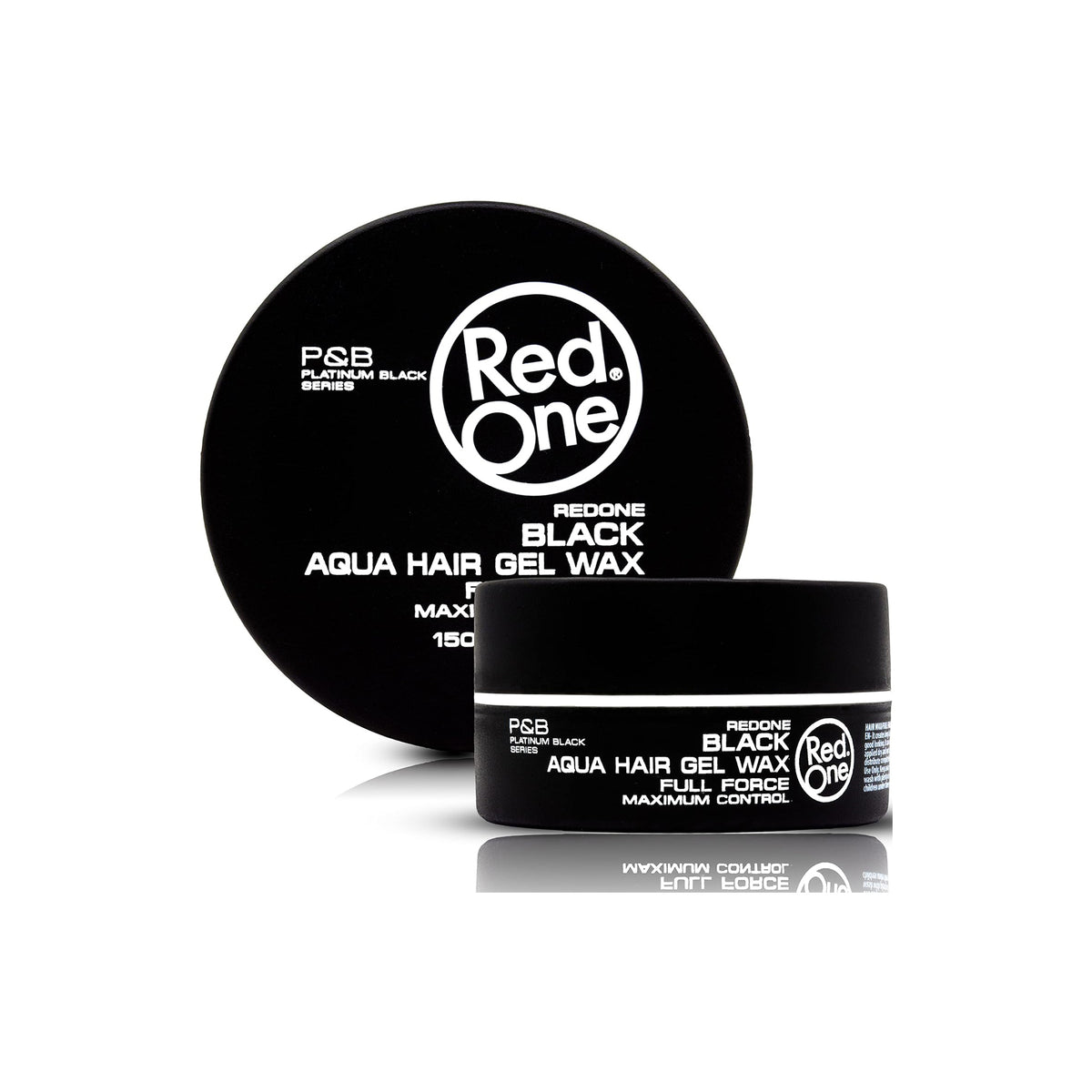 Sort dåse med Red One Aqua Hair Gel Wax Black 150ml fra P&B Platinum Black Series, vist med låg og krukke på hvid baggrund.