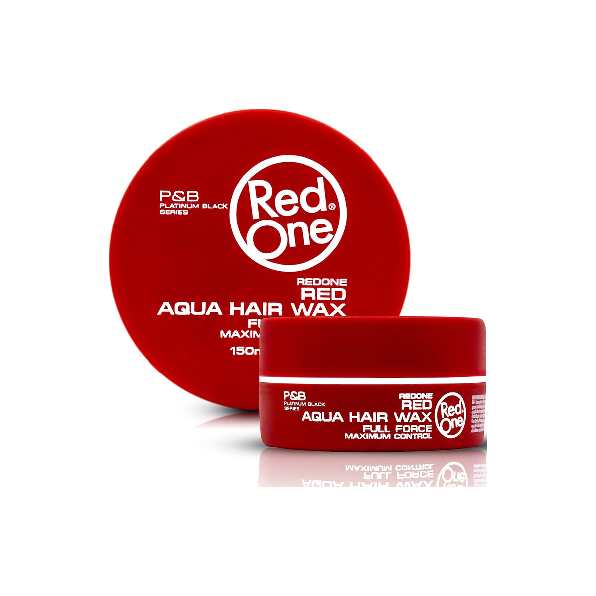 Rød dåse med Red One Aqua Hair Wax Red 150ml fra P&B Platinum Black Series, vist med låg og krukke på hvid baggrund.