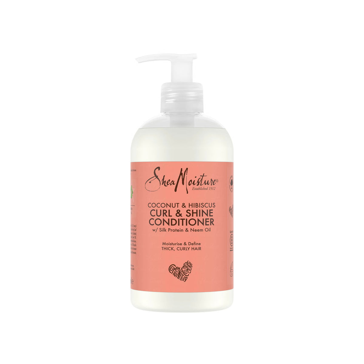Gennemsigtig flaske med hvid pumpe indeholdende Shea Moisture Coconut & Hibiscus Curl & Shine Conditioner (384 ml). Etiketten er beige/lyserød med sort og rød tekst.