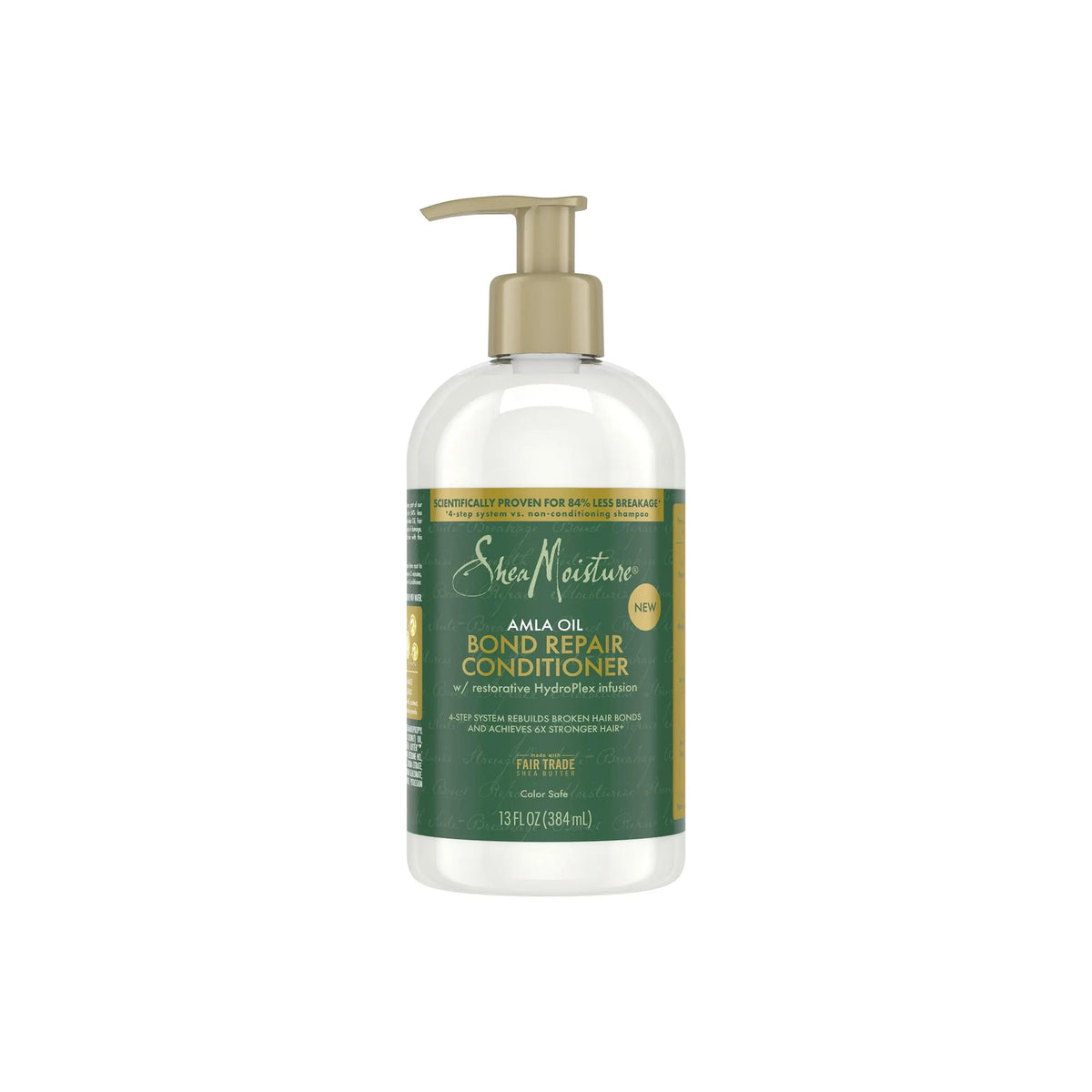 SheaMoisture Amla Bond Repair Conditioner 384ml med pumpeflaske, grøn og guld etiket, står mod hvid baggrund.