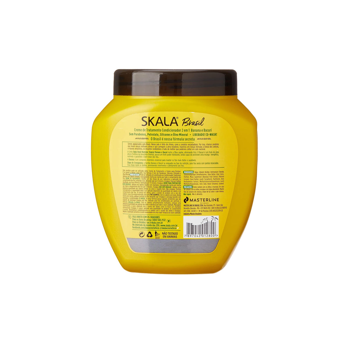Bagsiden af en gul beholder med Skala Brasil Maracuja Hårkur (1000 ml) der viser ingredienser, brugsanvisning og anden produktinformation.