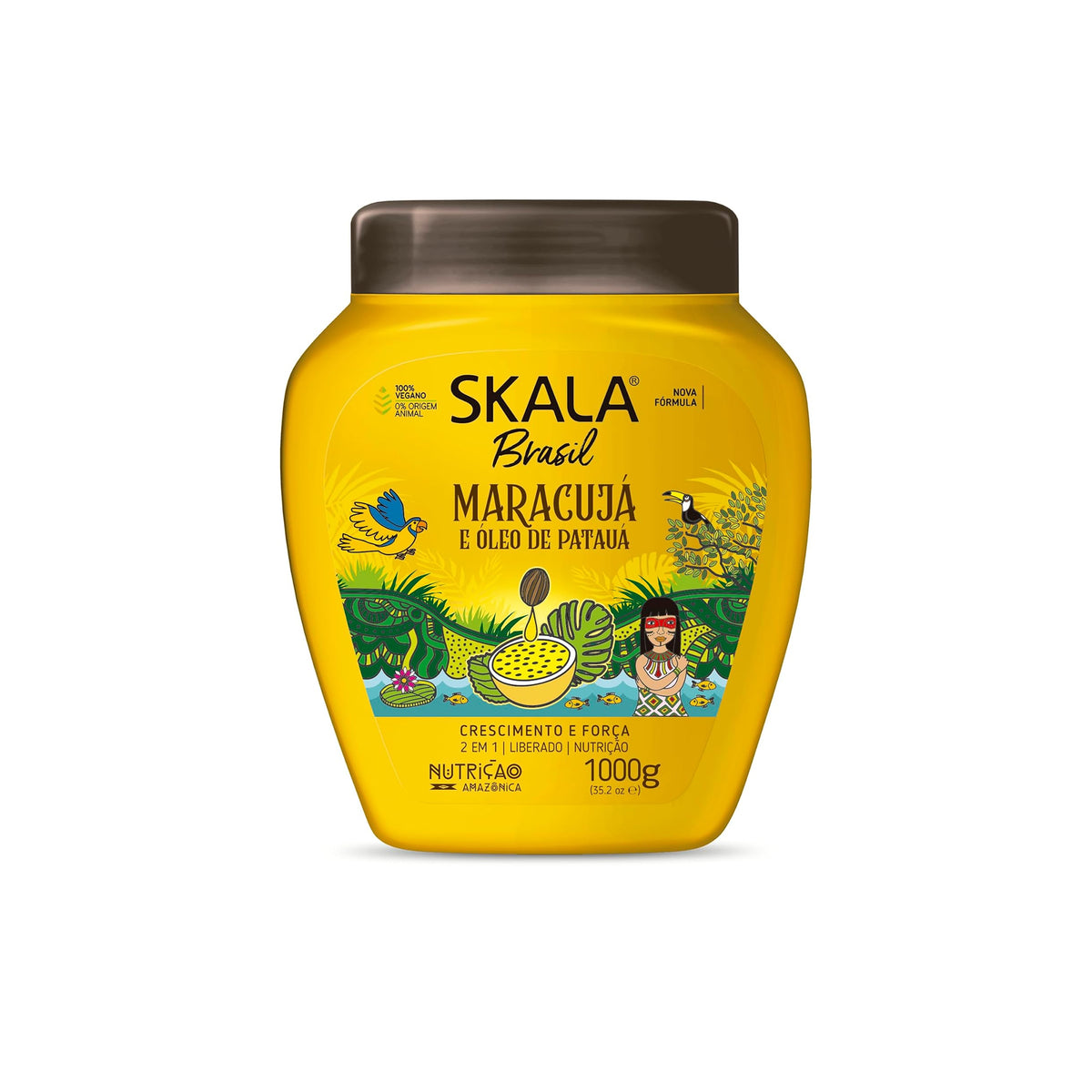 Skala Brasil Maracuja og Pataua Olie Hårkur (1000 ml). Billedet viser en gul beholder med Skala Brasil Maracuja og Pataua Olie Hårkur, der er beregnet til at fremme vækst og styrke håret.