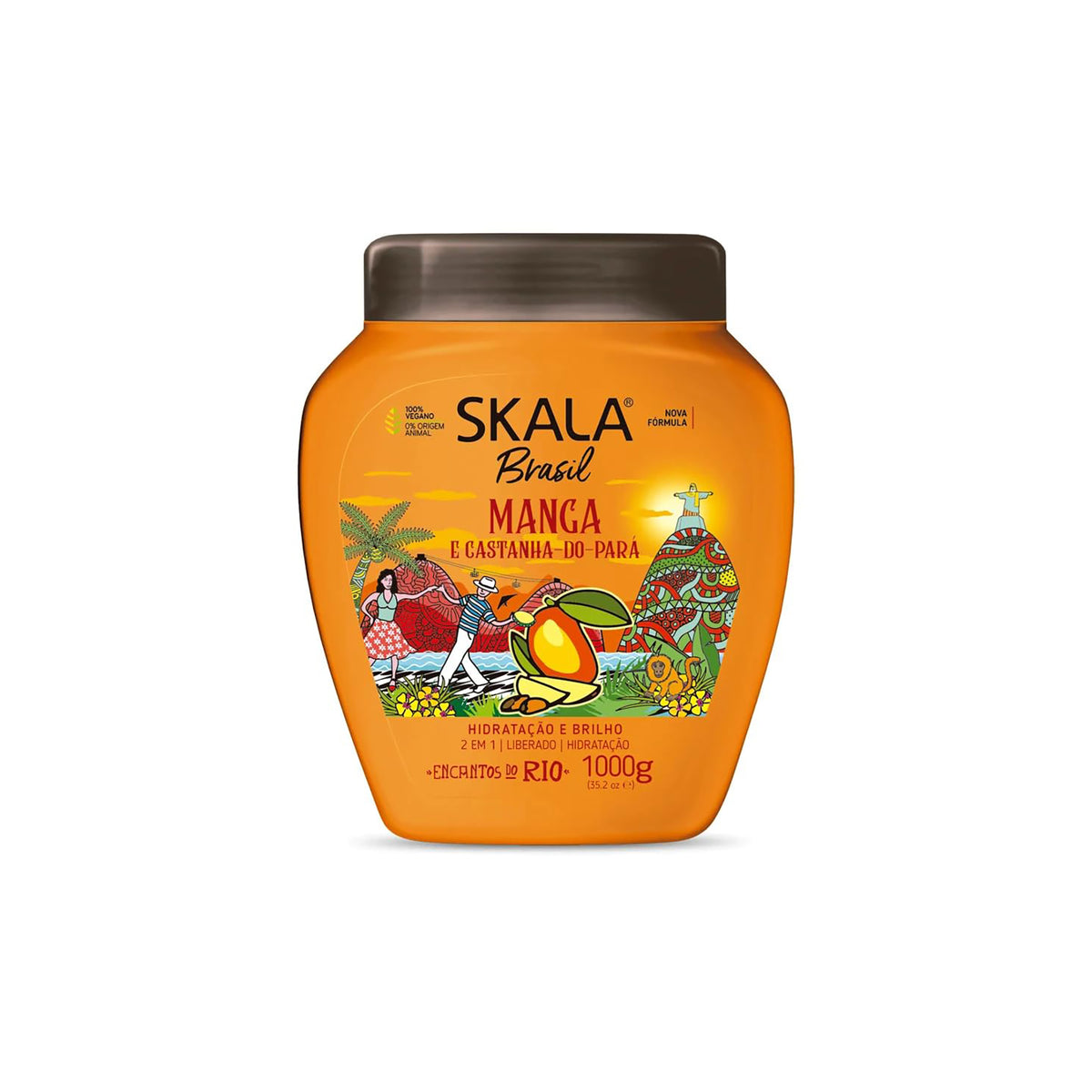 Stor orange beholder med Skala Brasil hårprodukt. 1000gr krukke med billede af mango og nødder.