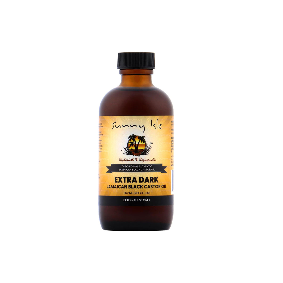 Sunny Isle Ekstra Mørk Jamaicansk Sort Ricinusolie (118 ml). Billedet viser forsiden af en flaske Sunny Isle Ekstra Mørk Jamaicansk Sort Ricinusolie.