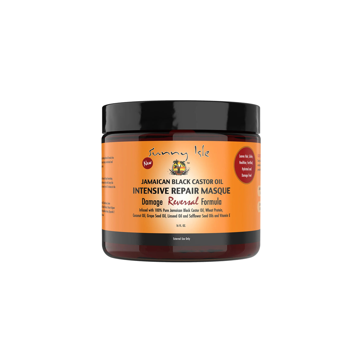 Sunny Isle Jamaican Black Castor Oil Intensive Repair Masque (16 fl oz). Billedet viser en dåse i plast med Sunny Isle Jamaican Black Castor Oil Intensive Repair Masque. 