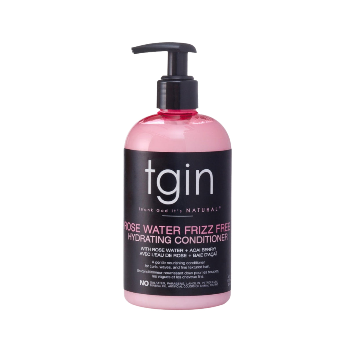 TGIN Rose Water Frizz Free Hydrating Conditioner 384ml – pink og sort pumpeflaske med rosenduftbalsam til lockigt og tekstureret hår.