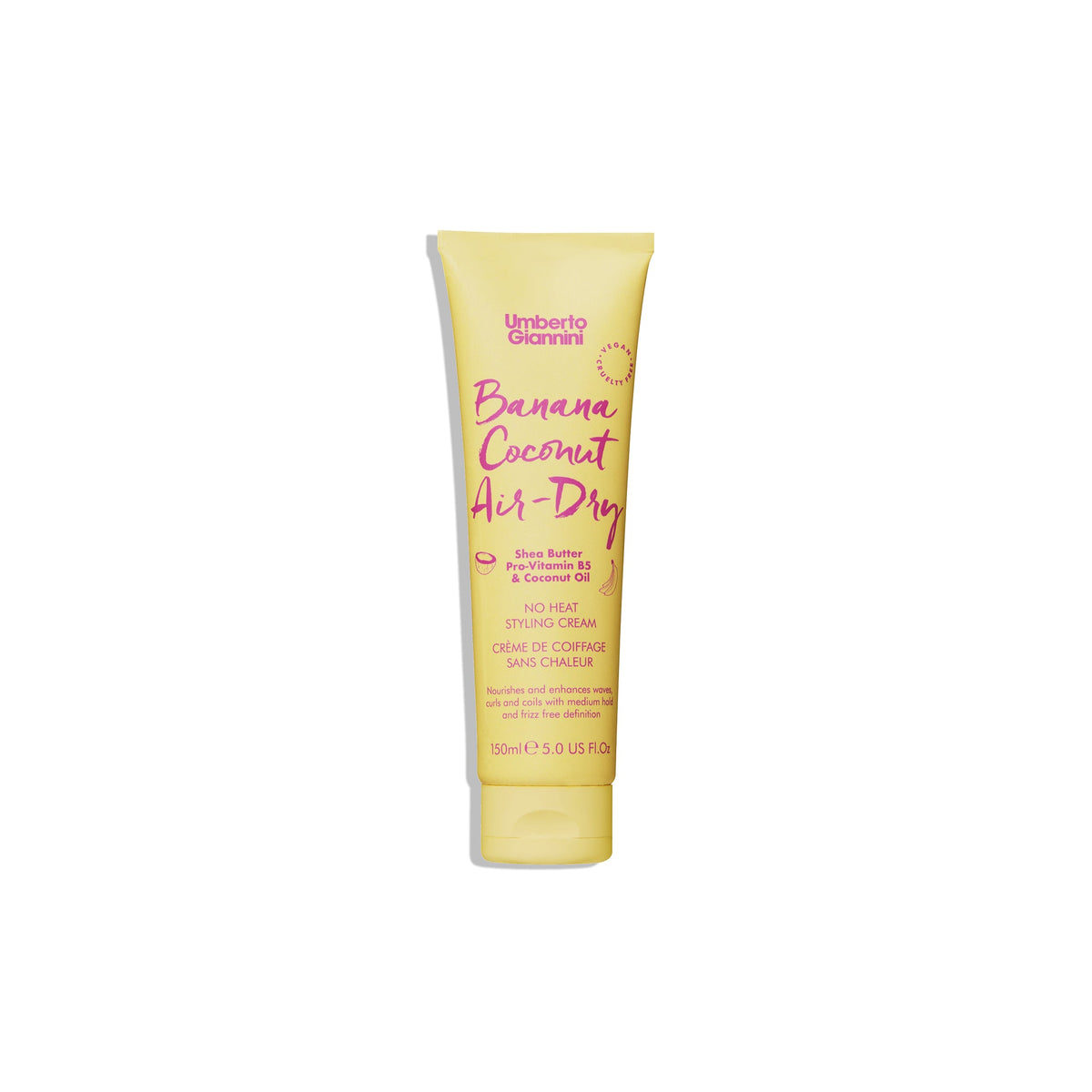 Umberto Giannini Banana Coconut Air-Dry stylingcreme i gul tube med lyserød tekst, til krøllet hår uden varme.