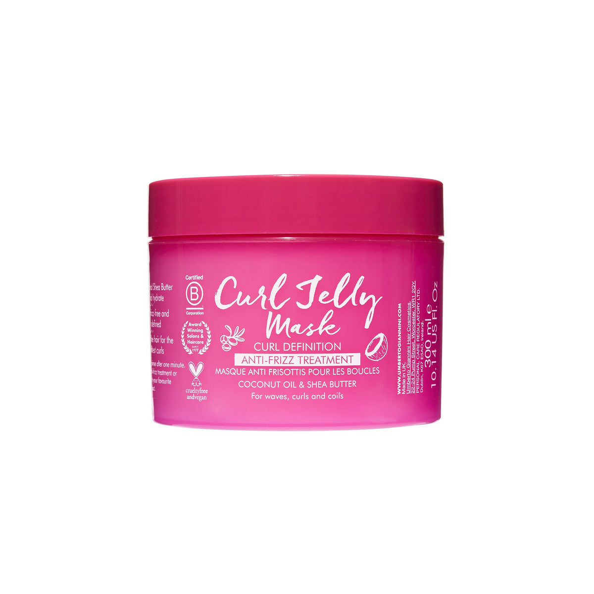 Curl Jelly Mask i pink med tekst, fremhæver anti-frizz behandling med kokosolie og sheasmør til krøllet hår.