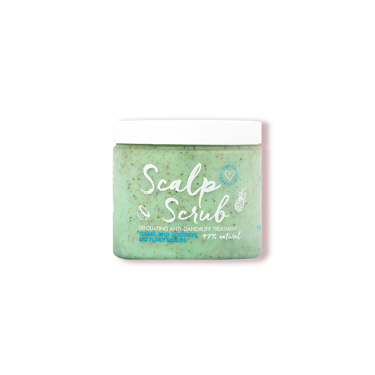 Grøn beholder med Scalp Scrub eksfolierende anti-skæl behandling til tør og skællende hovedbund, 97 % naturlig.