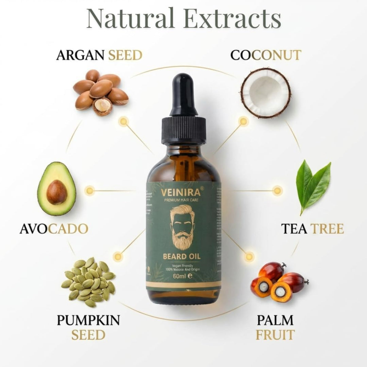 Veinira skægolie 60ml med naturlige ekstrakter: argankerne, kokosnød, avocado, græskarkerner, teblad og palmefrugt.